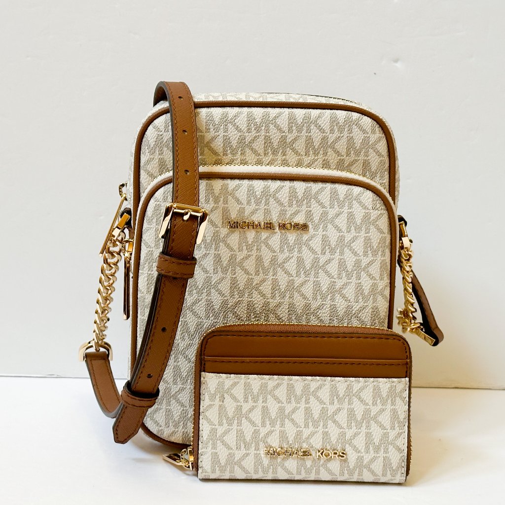Michael Kors Jet Set Travel Md Chain Crossbody Bag + Card Case Wallet Mk Vanilla